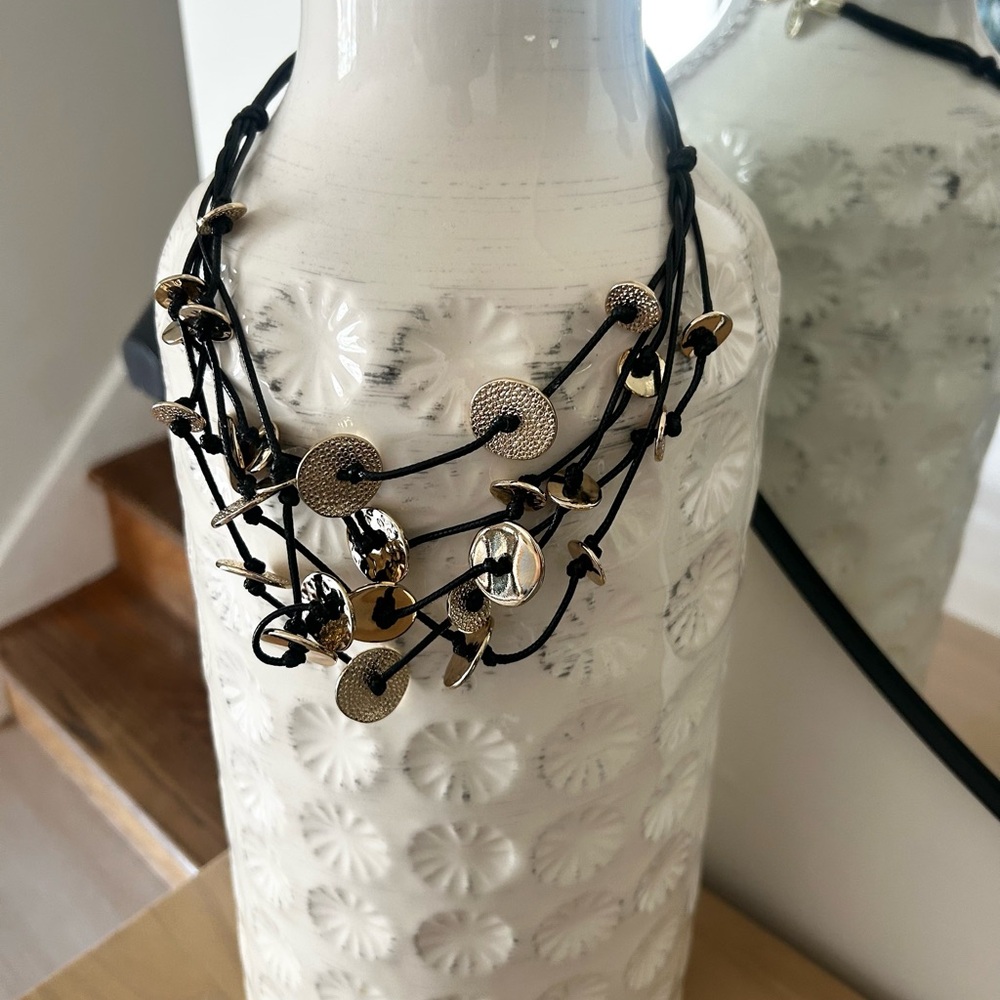 Chicos Necklace Hammered Metal Discs Gold Tone Statement Multi Strand